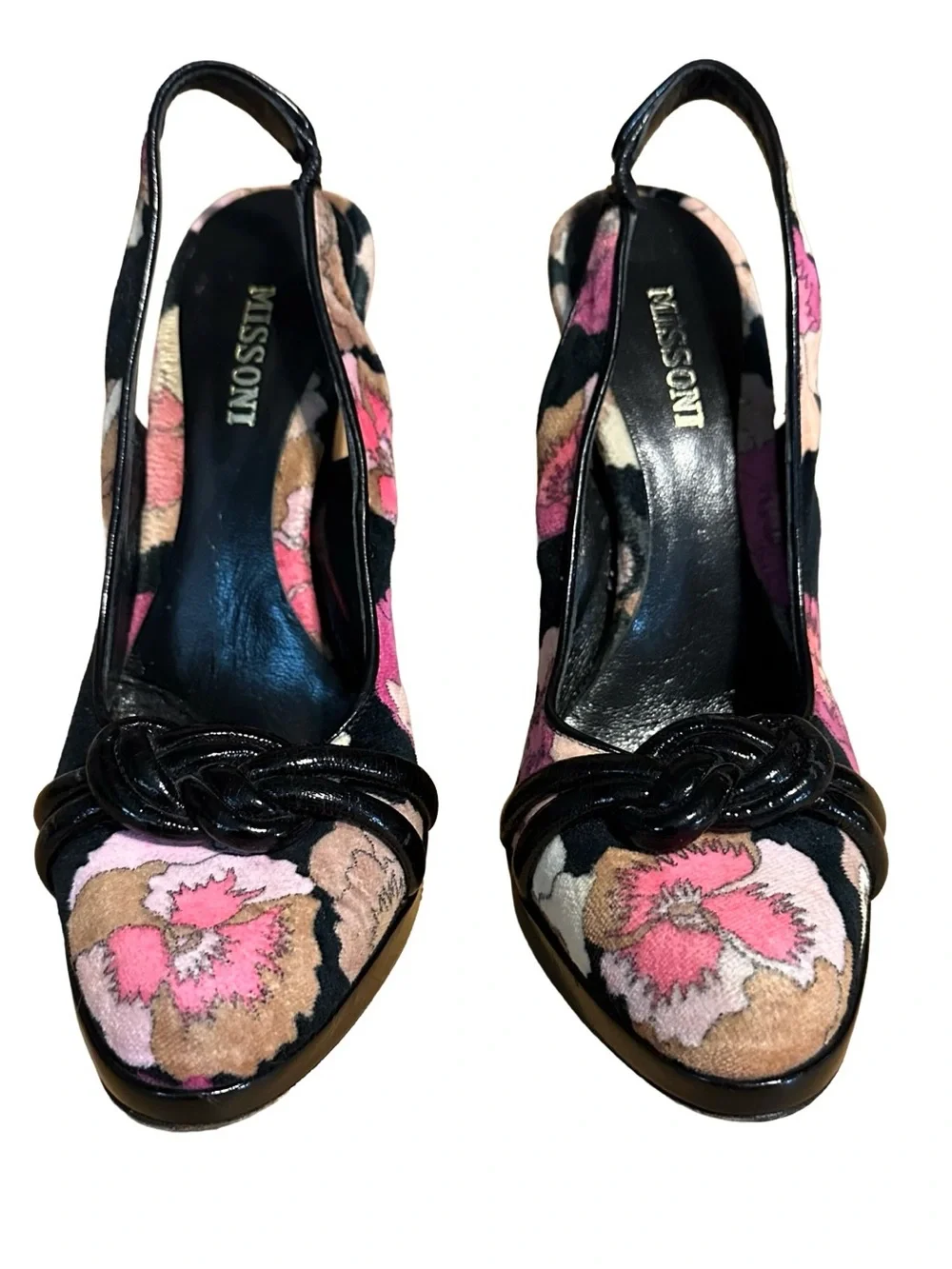 MISSONI BLACK & PINK VELVET FLORAL PRINT SLINGBACK HEELS (36.5)